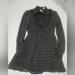 Re:named Retro Polka Dots Long Sleeve Bow Tie Neck Mini Dress Size M Black White
